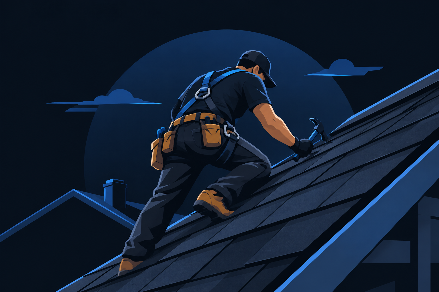 Roofer climbing a shingled roof at dusk